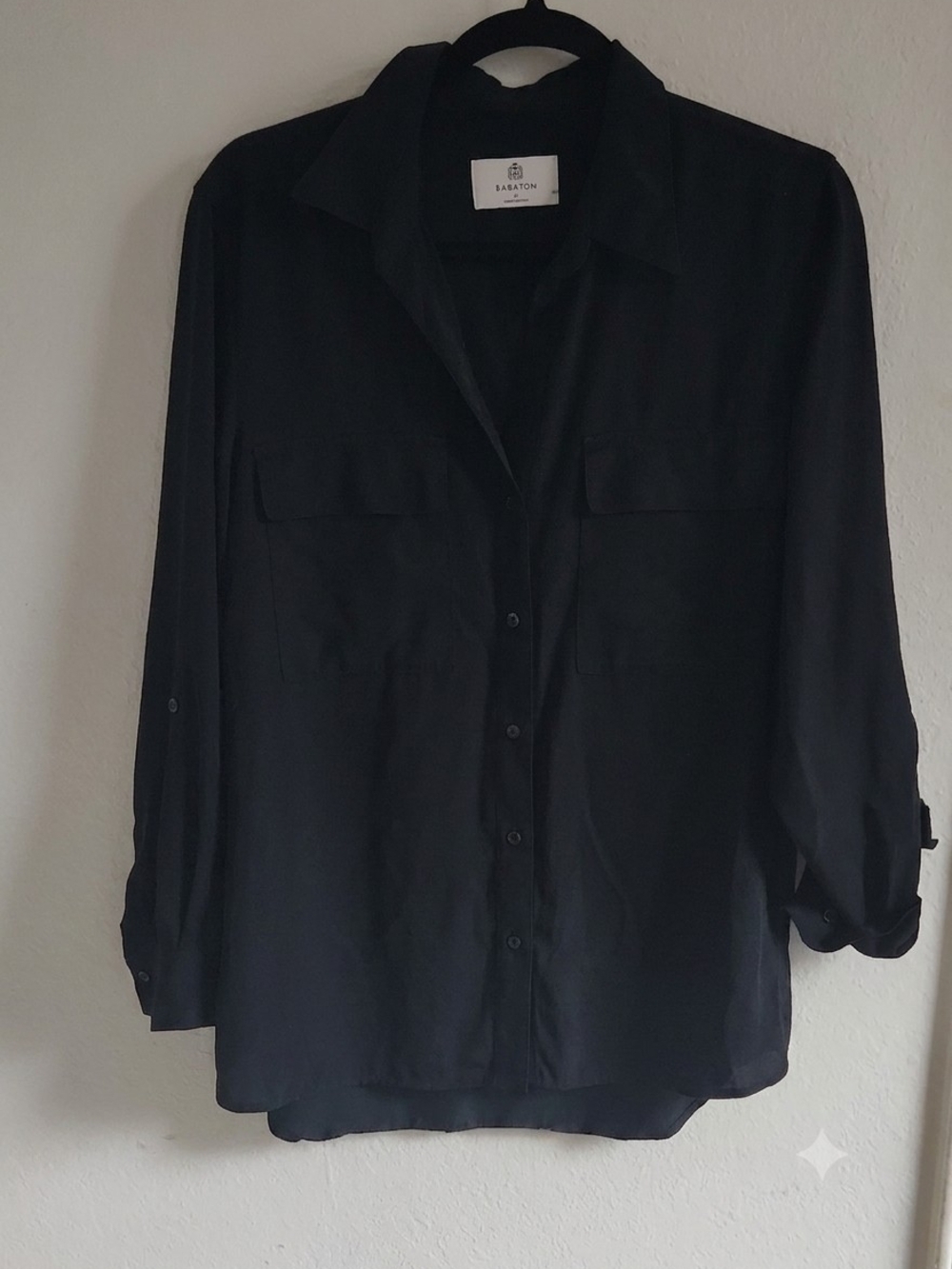 Aritzia Babaton Black Utility Button Down Blouse Roll Tab Sleeve Medium